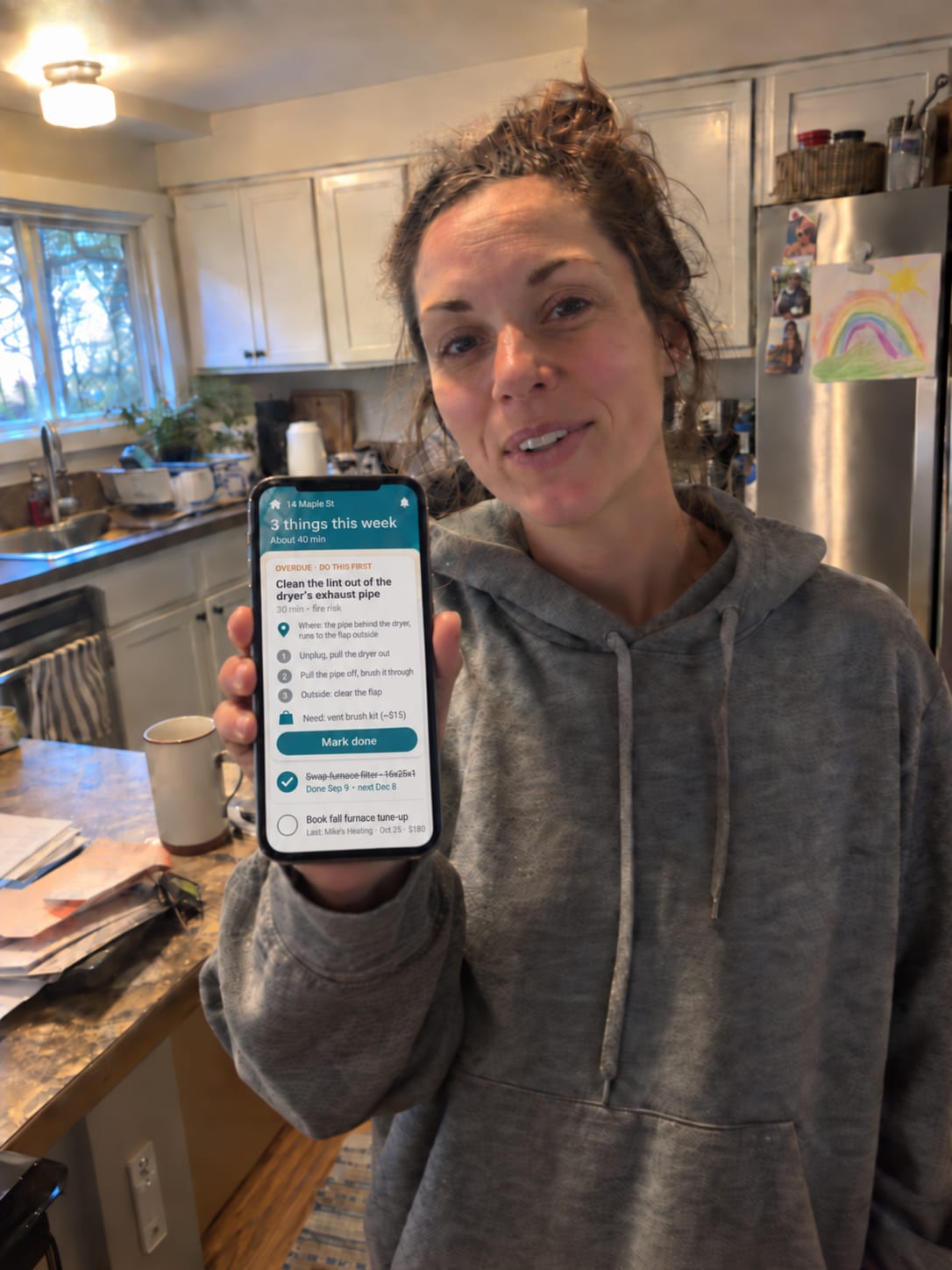 Homeowner holding up House in Order on her phone